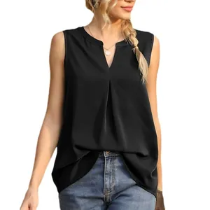 Elegant women's black V-neck sleeveless tank top with pleated detail for summer parties.