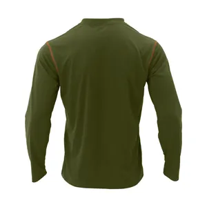 Detailed back view of army green long sleeve Henley t-shirt with contrast stitching