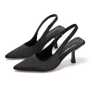 Elegant black pointed-toe slingback high heels with a slim stiletto heel and satin finish.