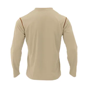 Detailed back view of khaki men's long sleeve casual shirt with contrast stitching