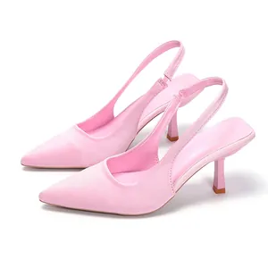 Side view of elegant pink pointed-toe slingback high heels shoes on white background