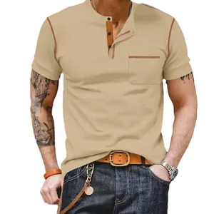 Chemise Henley Homme Manches Courtes T-Shirt Polyester Surpiqûres Contrastées Top Été Décontracté Rétro Avec Poche
