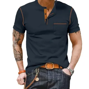 T-shirt Henley pour homme à manches courtes bleu marine avec coutures contrastées