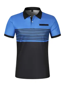 Front view of mens casual polo shirt with blue and black stripes and faux pocket