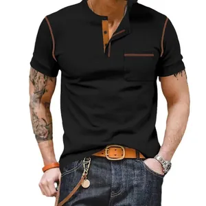 T-shirt Henley à manches courtes pour hommes avec coutures contrastées noires élégant
