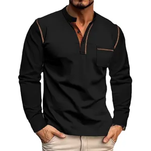 Classic men's long sleeve black Henley shirt with contrast brown trim and chest pocket detail