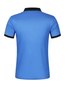 Back view of men's casual polo shirt in blue with contrast black collar and cuffs
