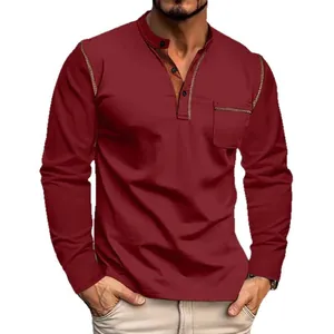 Classic maroon long-sleeved Henley shirt for men with button-up collar and chest pocket.