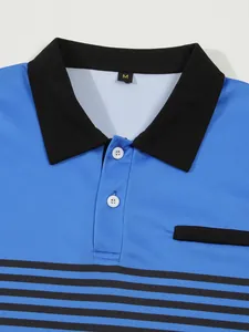 Close-up of men's blue polo shirt featuring black collar and button placket detail