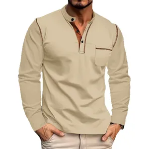 Men's casual khaki long sleeve Henley shirt with brown contrast placket and chest pocket