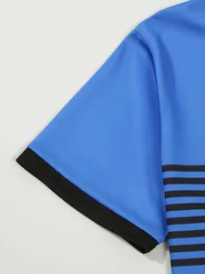 Detail of blue polo shirt sleeve with black stripes and breathable mesh fabric texture