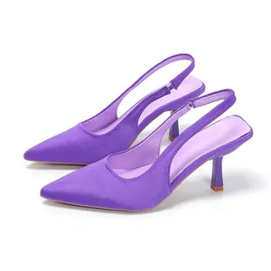Elegant purple satin pointed-toe slingback high heel sandals with slim stiletto heels