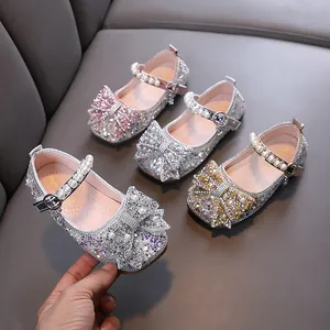 Meisjes Prinses Strass Schoenen Parel Strik Mary Jane Nette Schoenen Voor Bruiloft Dans Optreden Feest Glinsterende Elegante Schoenen