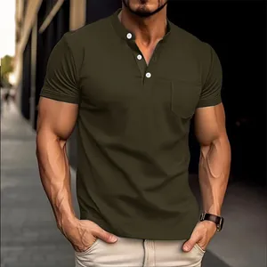Detailed macro view of olive green men's Polo shirt with Henley collar and chest pocket