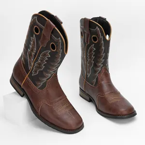 Men's Retro Embroidered Western Cowboy Boots Mid-Calf PU Leather Square Toe Pull-On Fashion Boots For Men