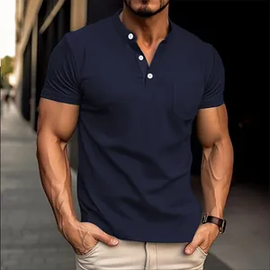 Men's athletic fit navy blue short-sleeved Henley shirt featuring a functional chest pocket