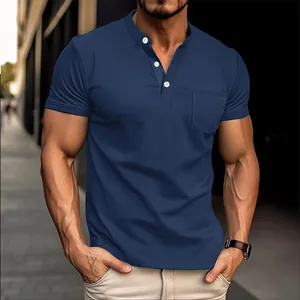 Detail view of men's navy blue short-sleeved Henley T-shirt with chest pocket
