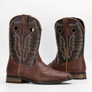 Side detail of men's retro embroidered western cowboy boots in dual-tone brown leather
