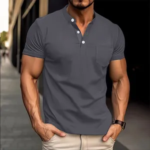 Men's athletic fit grey short sleeve Henley polo shirt featuring chest pocket
