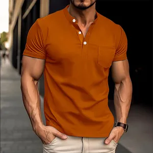 Slim fit muscle men's short sleeve Henley shirt in burnt orange with chest pocket