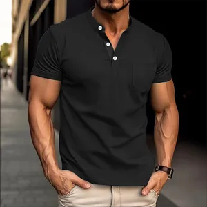 Premium slim fit black short sleeve Henley polo shirt with chest pocket for men