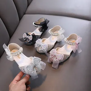 Toddler Girls Princess Dress Shoes PU Rhinestone Artificial Pearl Bow Performance Dance Shoes For Kids Toddler Wedding Party