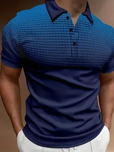 Detailed view of the navy blue polo shirt with a stylish gradient dot print on the chest