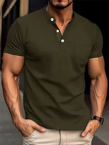 Men Polyester Cotton Blend Henley Polo Shirt Solid Color Casual Short Sleeve Top With Chest Pocket Moisture Wicking