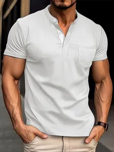 Premium men's slim fit white short sleeve henley polo shirt with front chest pocket