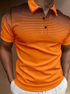 Macro detail of orange polo shirt featuring black gradient polka dot pattern on chest.