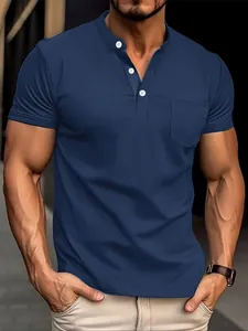 Men's navy blue short sleeve Henley polo shirt with pocket and three white buttons