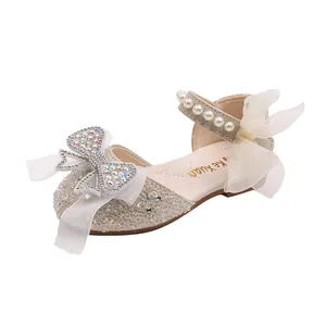 Elegant silver girls princess shoes with rhinestone bow, pearls and organza detail