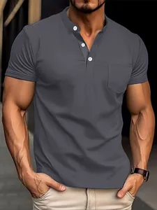Men's slim fit dark gray short sleeve henley polo shirt with a functional chest pocket