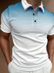 Close-up of men's polo shirt featuring blue gradient dot print and white collar detail