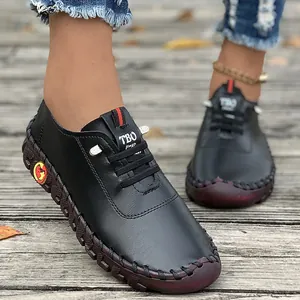 Women Casual Handmade Stitching Loafers Soft PU Leather Flat Shoes Comfortable Non-Slip Rubber Sole Slip-On Moccasins For Spring Summer