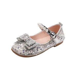 Sparkling silver glitter girls' princess shoes with pearl strap and large bow detail