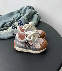 Toddler breathable mesh walking sneakers with silver finish and pink mesh fabric
