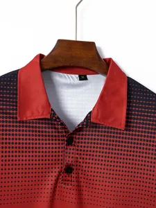 Detailed close-up view of men's red polo shirt collar with dot pattern and size M label.