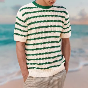Men Casual Short Sleeve Knit Shirt Striped Color Block Crew Neck Acrylic Sweater Summer Vacation Beach Wear European Top