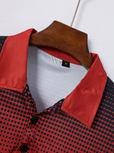 Close-up detail of men's casual polka dot polo shirt featuring a contrast red collar
