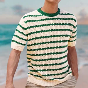 Close-up of men's green and cream striped short-sleeved knit sweater with textured finish.