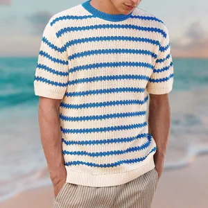 Close-up detail of a men's short-sleeved knit sweater with blue and white stripes