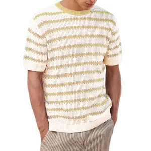 Men's casual short-sleeve knit sweater featuring vibrant yellow and purple stripes