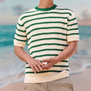Men's casual summer striped knit shirt with a classic crew neck and green/cream pattern