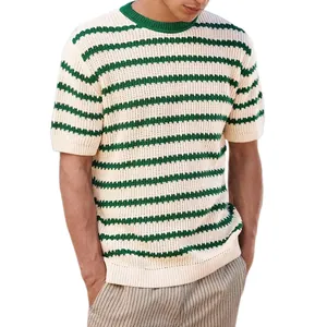 Men's casual green and cream horizontal striped short-sleeved knit sweater with round neck