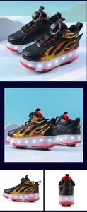 Vistas detalladas de zapatillas con ruedas negras para niños con luces LED y llamas.