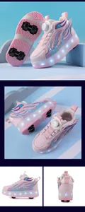 Detalle de zapatos con ruedas rosas para niños con cuatro ruedas y suelas con luces LED