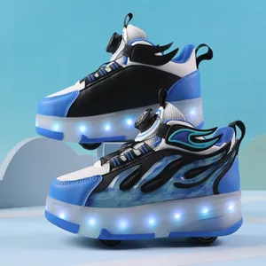 Zapatillas con ruedas LED azules y blancas para niños con diseño de llamas y 4 ruedas