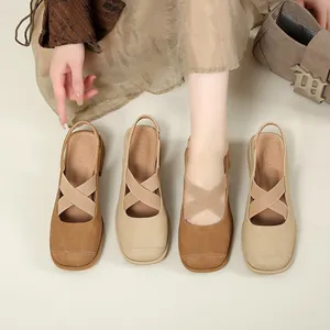 Vintage Square Toe Mary Jane Sandals For Women Microfiber Suede Cross Elastic Strap Low Chunky Heel Retro Summer Slingback Shoes