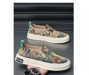 Stylish men's slip-on casual shoes featuring a colorful cartoon bear pattern jacquard fabric